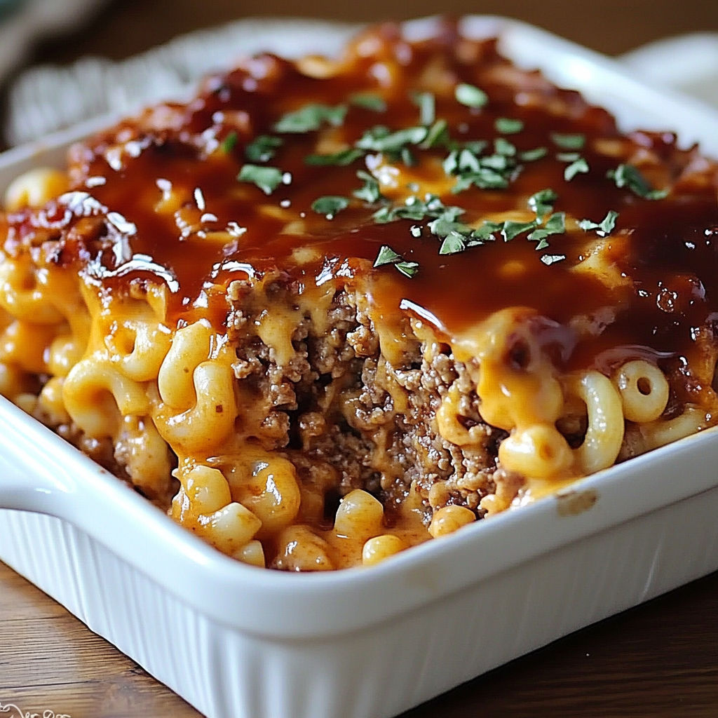 A delicious Mac and Cheese Meatloaf Casserole is ready to be served.