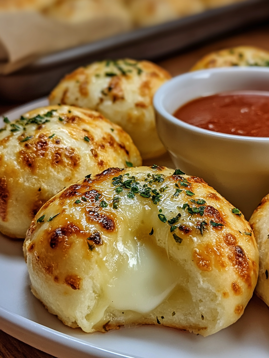 A plate of cheese-filled breadsticks with a bowl of marinara sauce on the side.