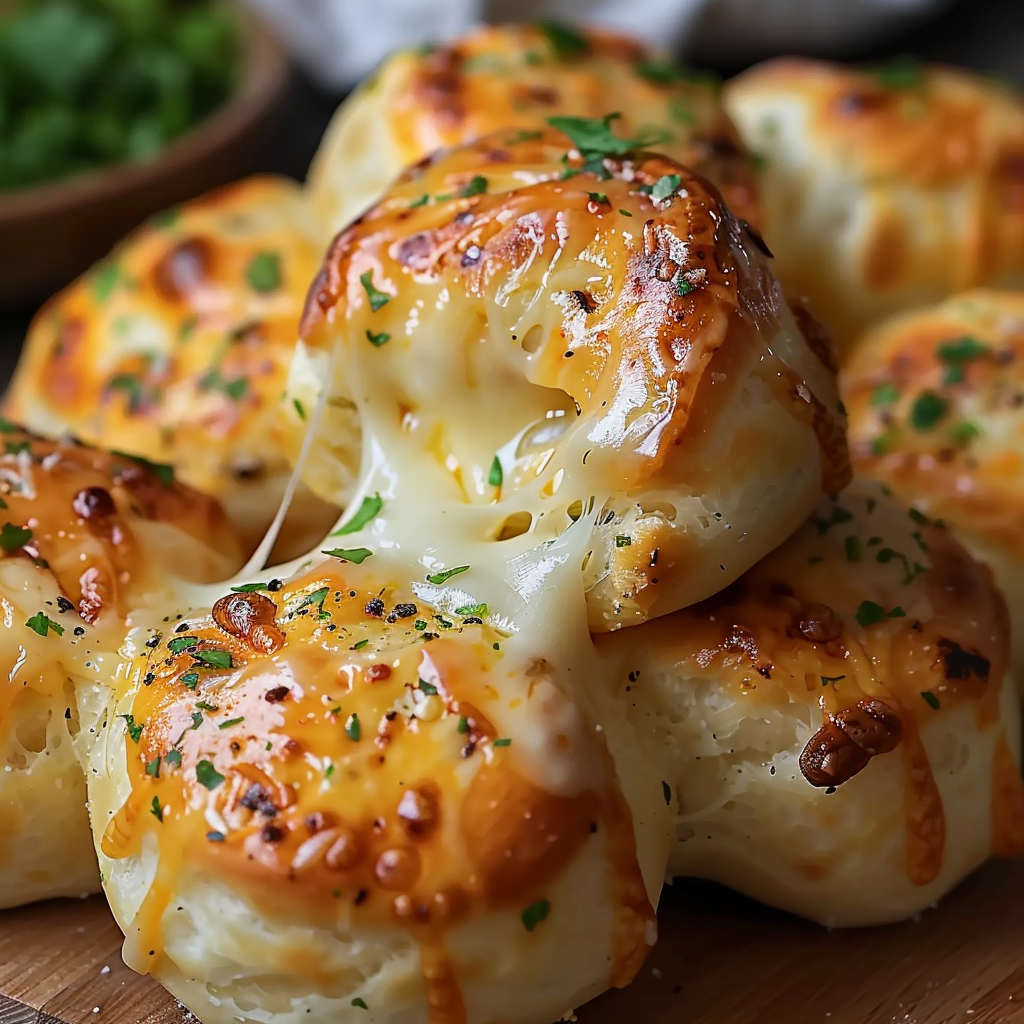 A stack of cheese-filled pastries on a wooden cutting board, ready to be served.
