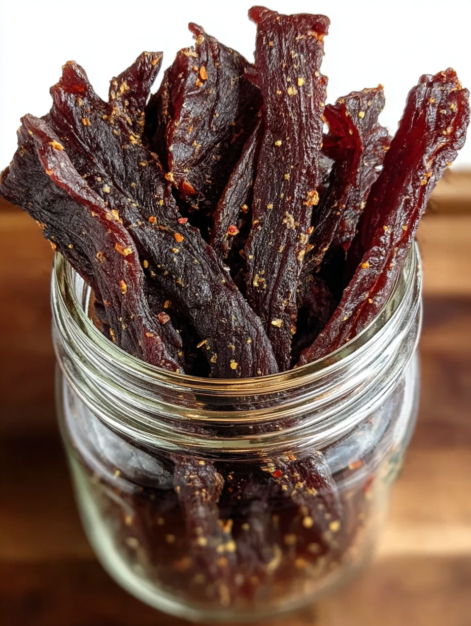 A jar of dried meat, possibly beef jerky, is displayed in a glass jar.
