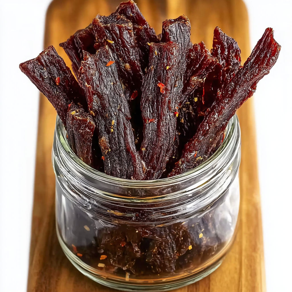 A jar of dried fish, possibly salmon, is placed on a wooden cutting board.