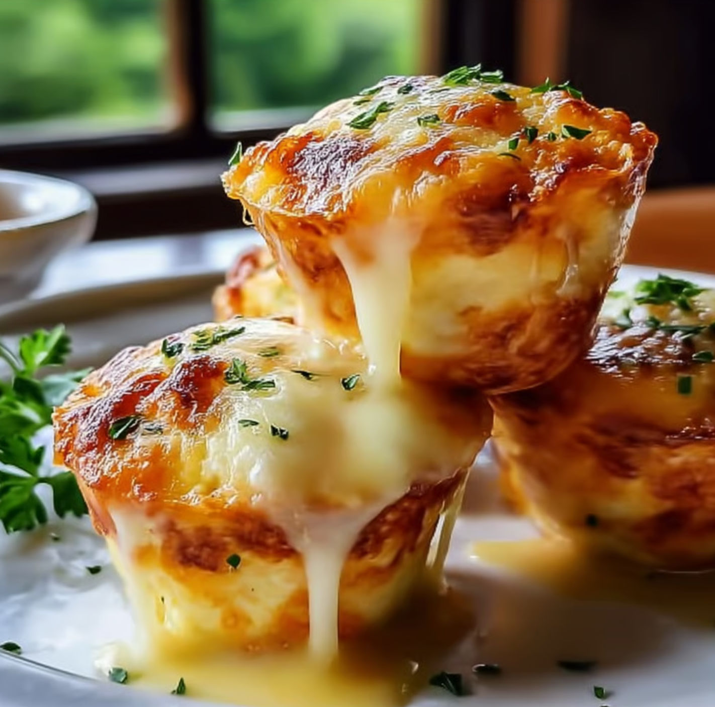 A plate stacked with cheesy mashed potato puffs at the center of a table, ready to eat.