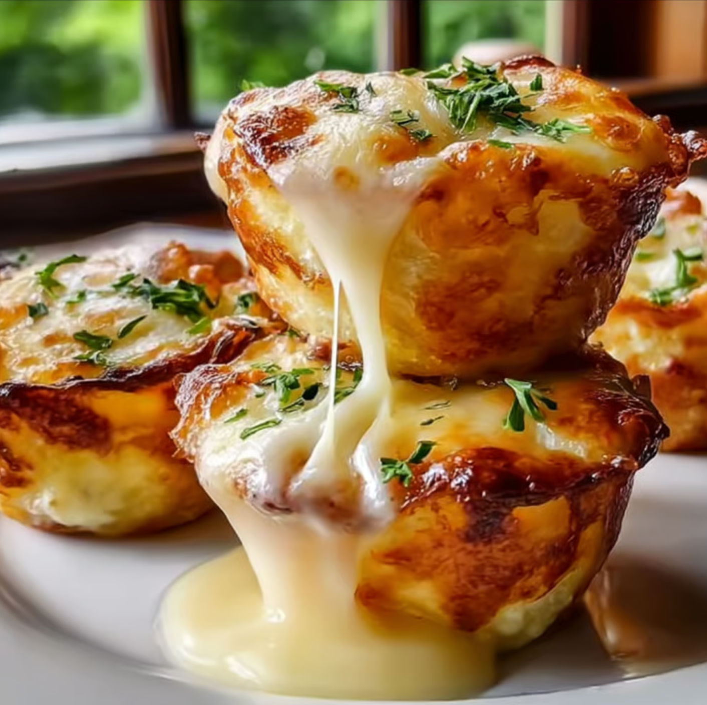 Cheesy mashed potato puffs on a platter with dipping sauce running down the side.