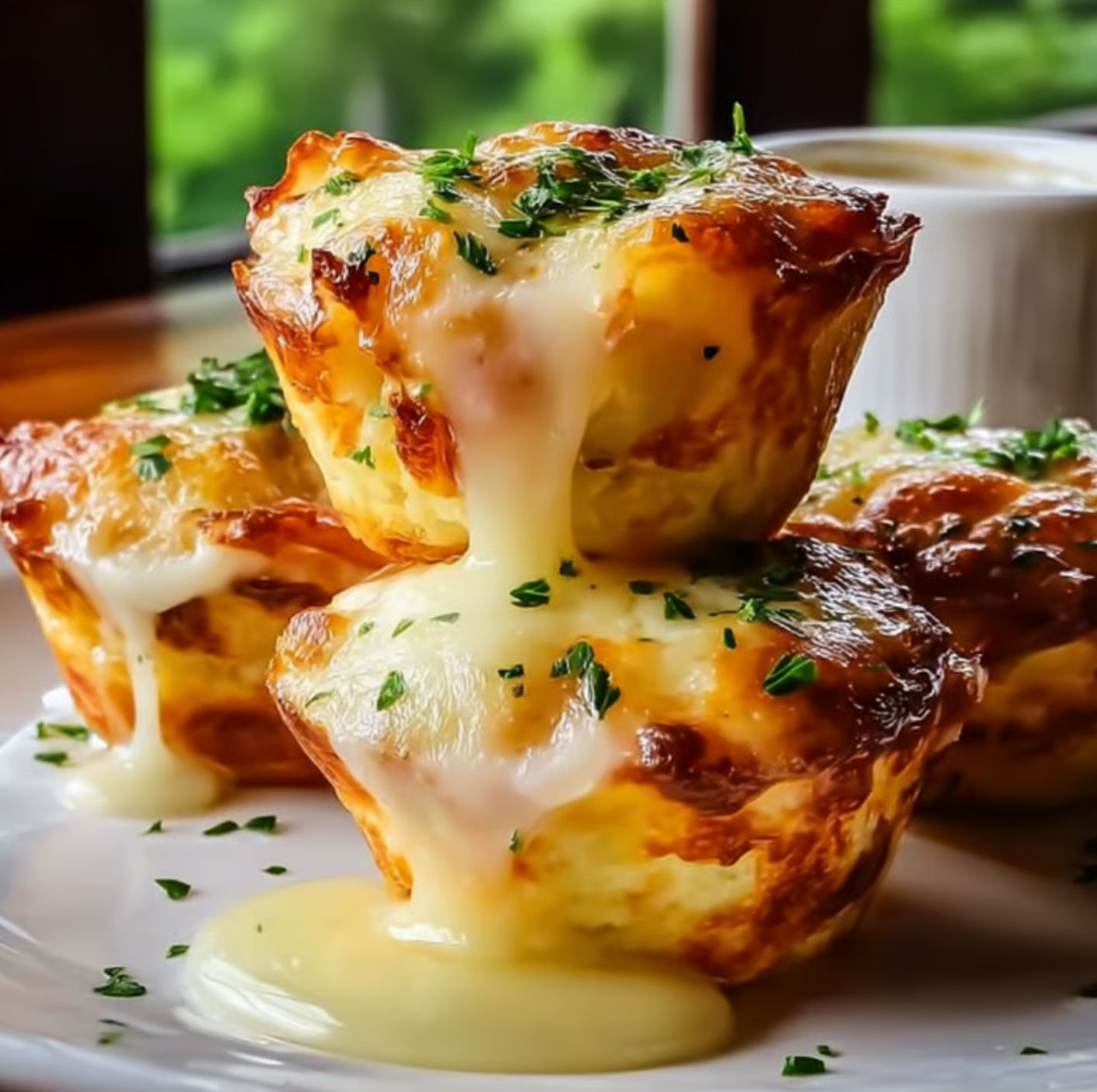 Platter of cheesy mashed potato puffs at the table, ready to share.