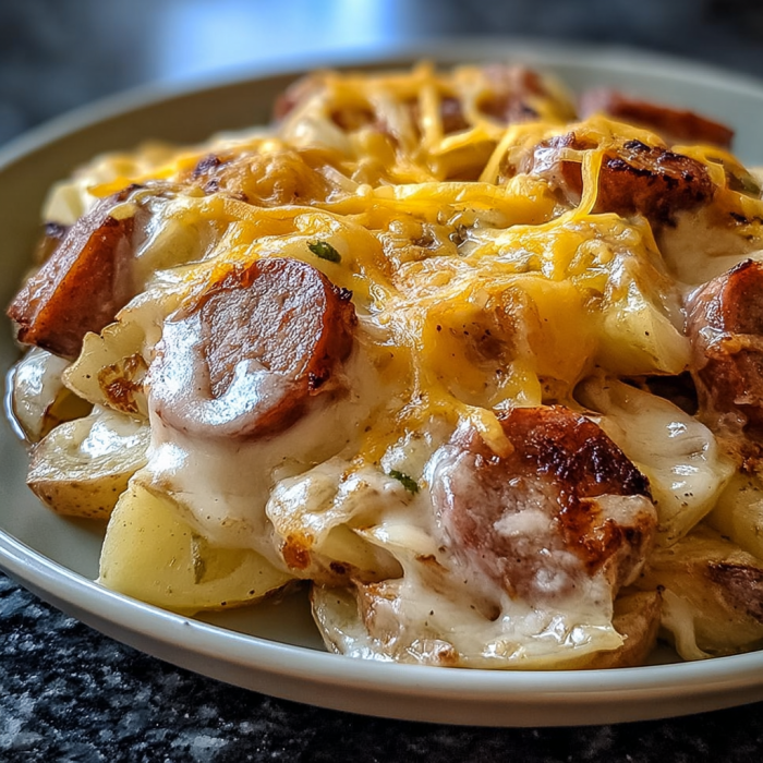 A mouthwatering Creamy Sausage & Potato Bake dished up and ready to eat.