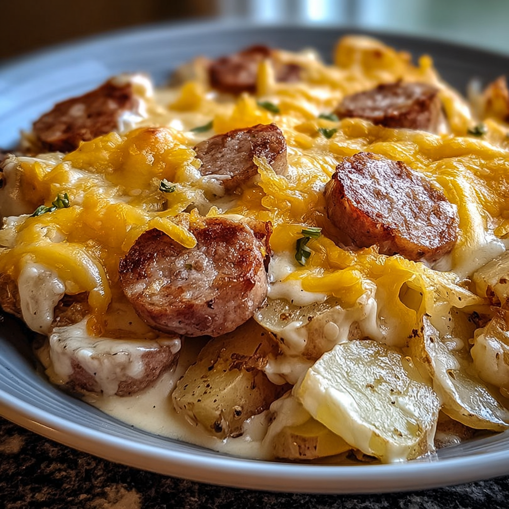 A yummy plate with sausage, potatoes, and melty cheese is set out on a table, just waiting for someone to dig in.