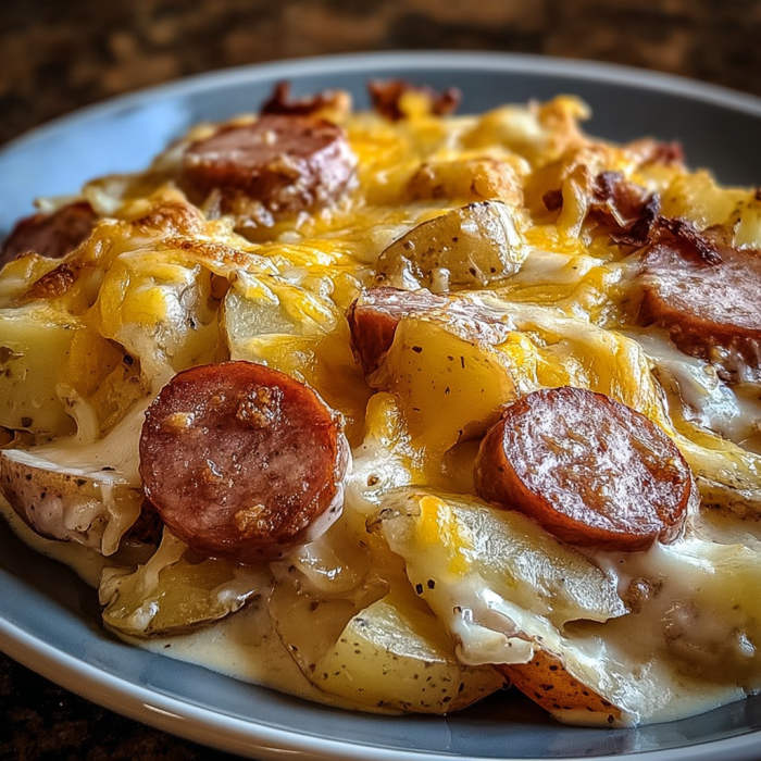 A white plate is loaded up with cheesy, sausage-packed potatoes—looks warm, gooey, and seriously inviting.