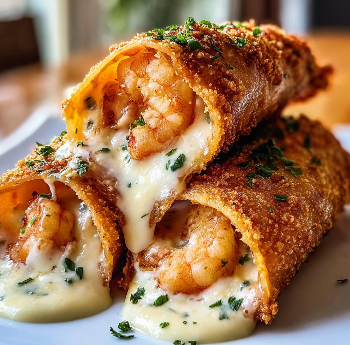 Crispy shrimp Alfredo burrito bites on a plate, dipping sauce on the side.