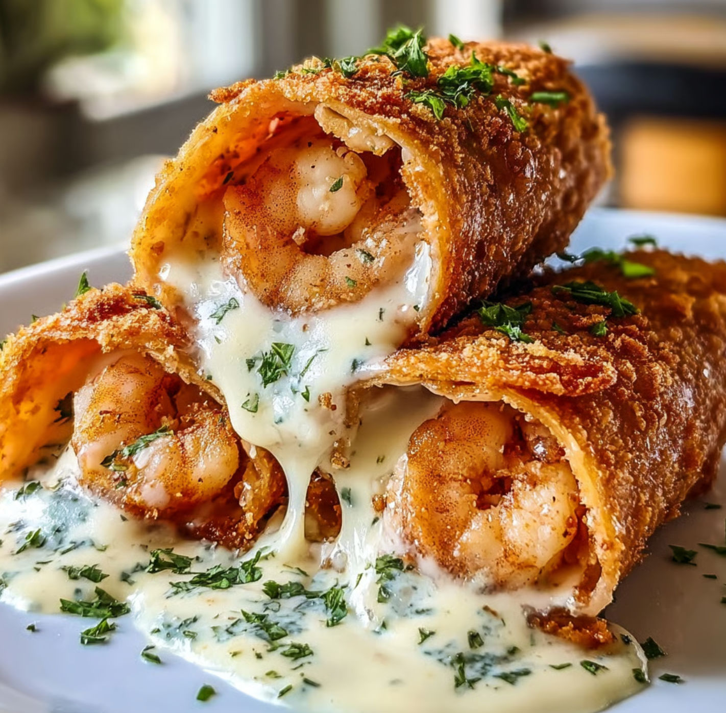 A platter piled high with shrimp and cheese burrito bites, bacon-wrapped, next to a creamy dip.