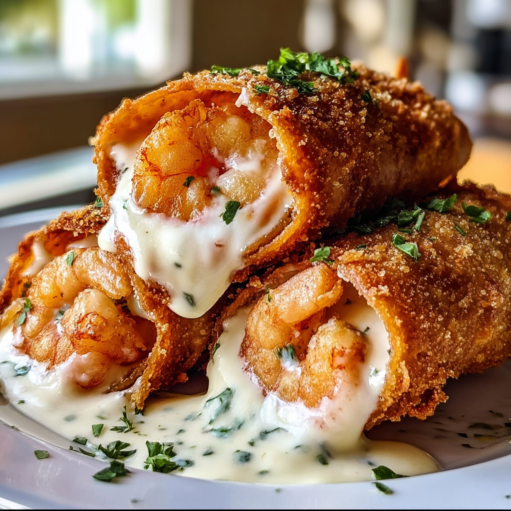 Shrimp po' boy style sandwiches topped with creamy sauce, stacked on a plate.