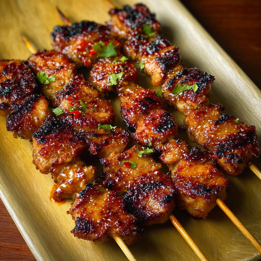 Grilled Thai Coconut Chicken Skewers on a wooden platter.