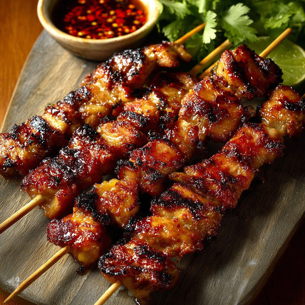 A delicious Asian-inspired dish of grilled meat skewers, served with a side of dipping sauce.