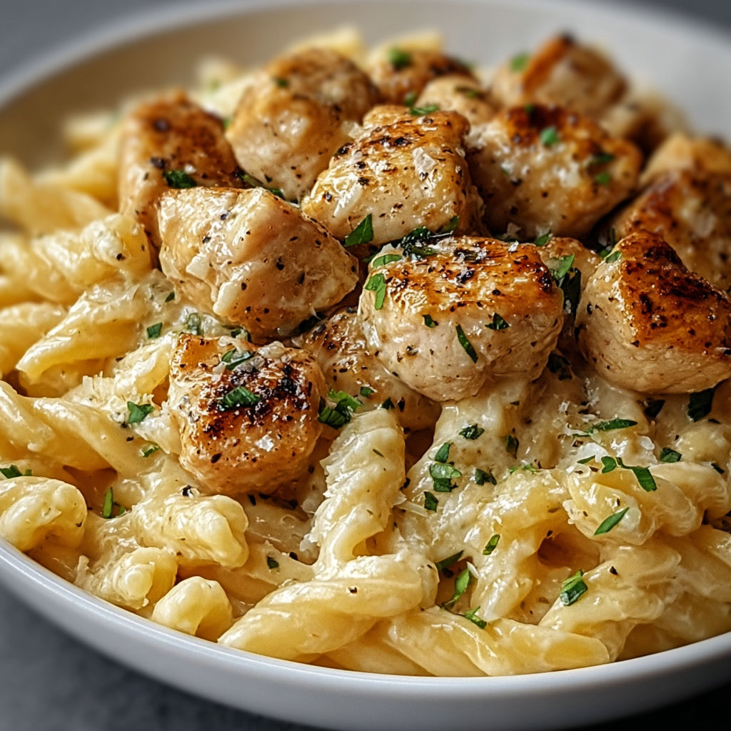 A bowl of garlic butter chicken bites with creamy parmesan pasta.