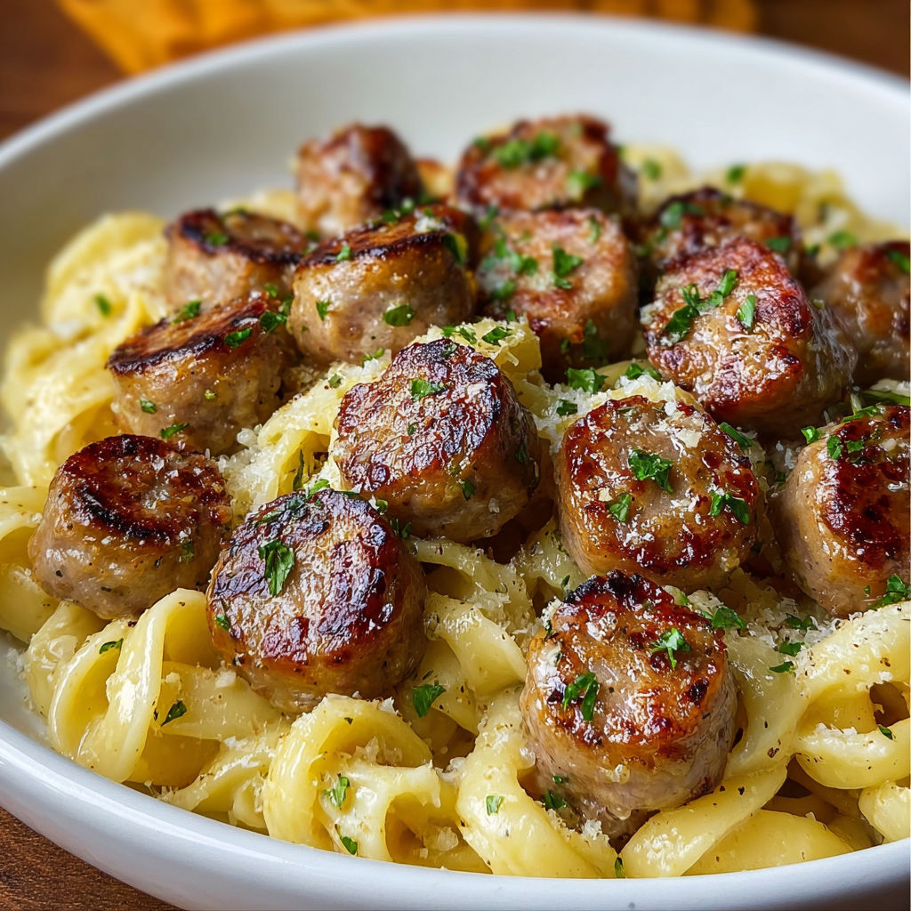 A bowl of pasta with sausage and garlic butter, ready to be eaten.