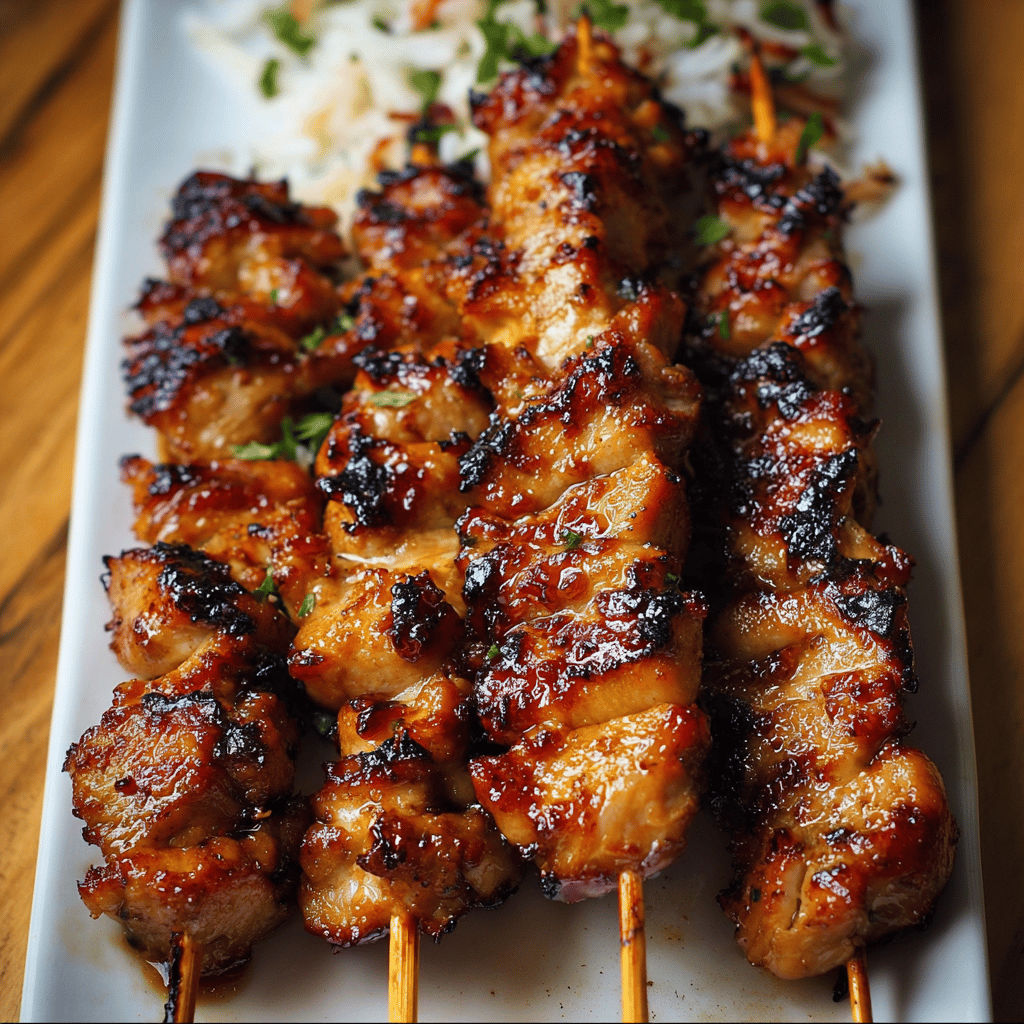 Grilled Thai Coconut Chicken Skewers with rice and vegetables.