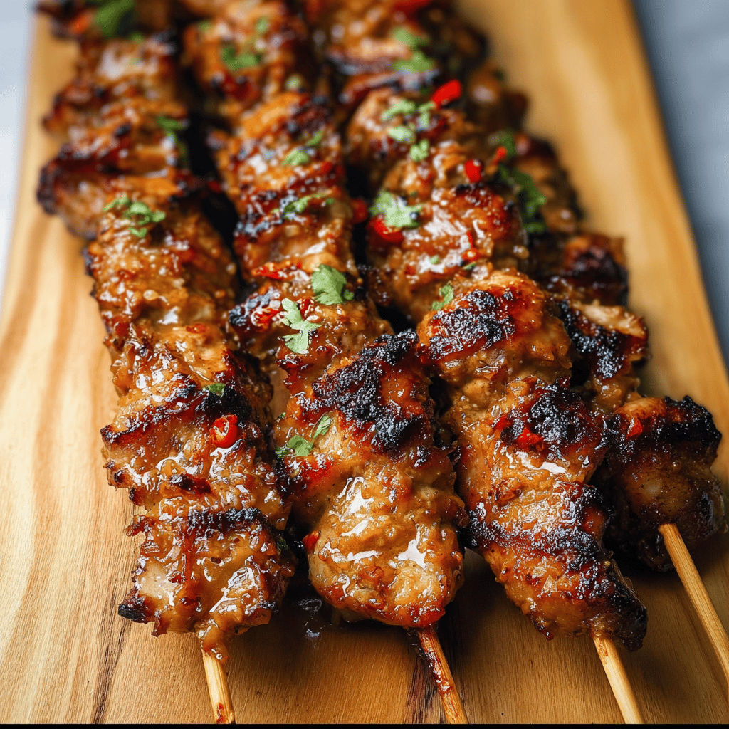 A delicious grilled Thai coconut chicken skewer is displayed on a wooden platter.