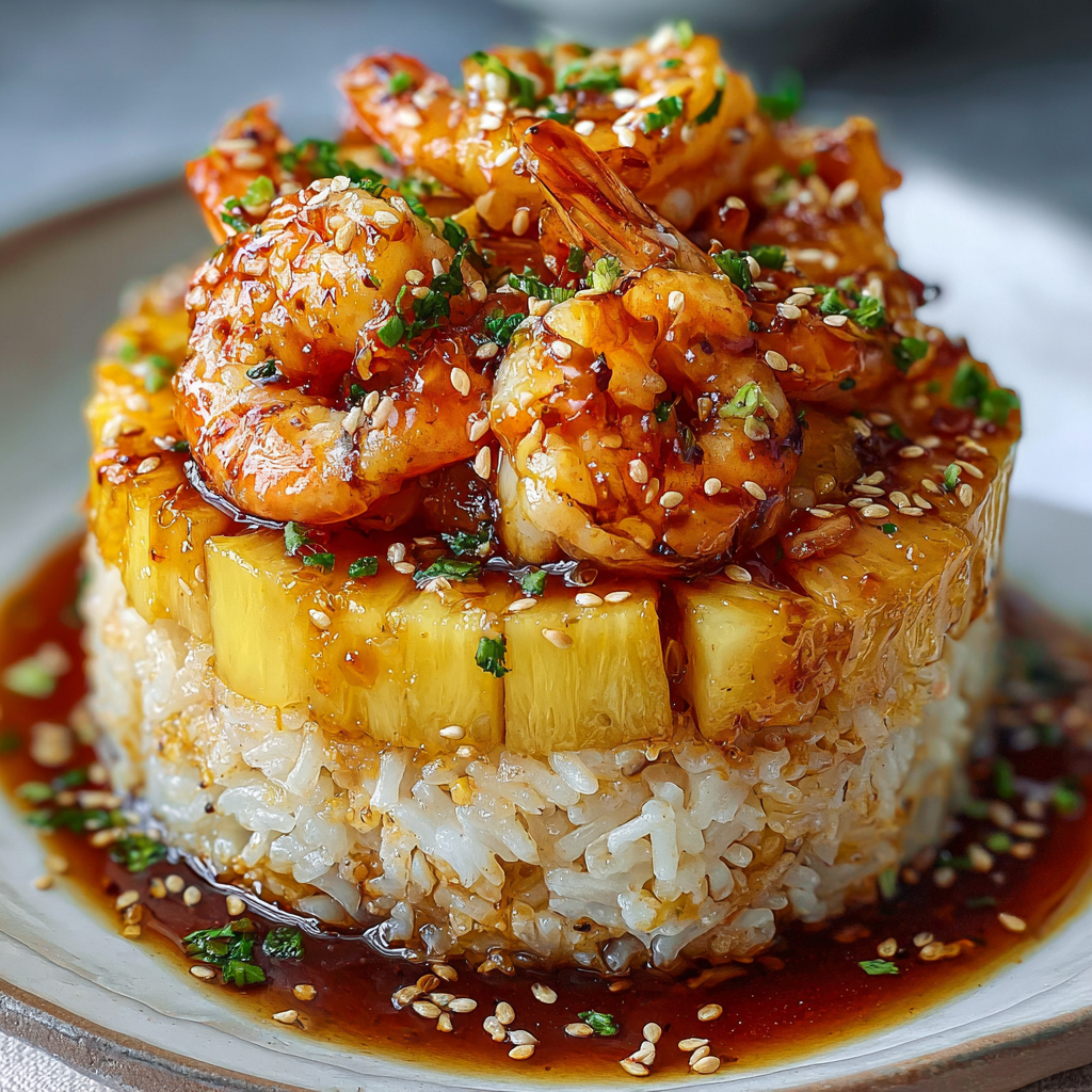 A delicious Teriyaki Shrimp and Pineapple Rice Stack is served on a plate.