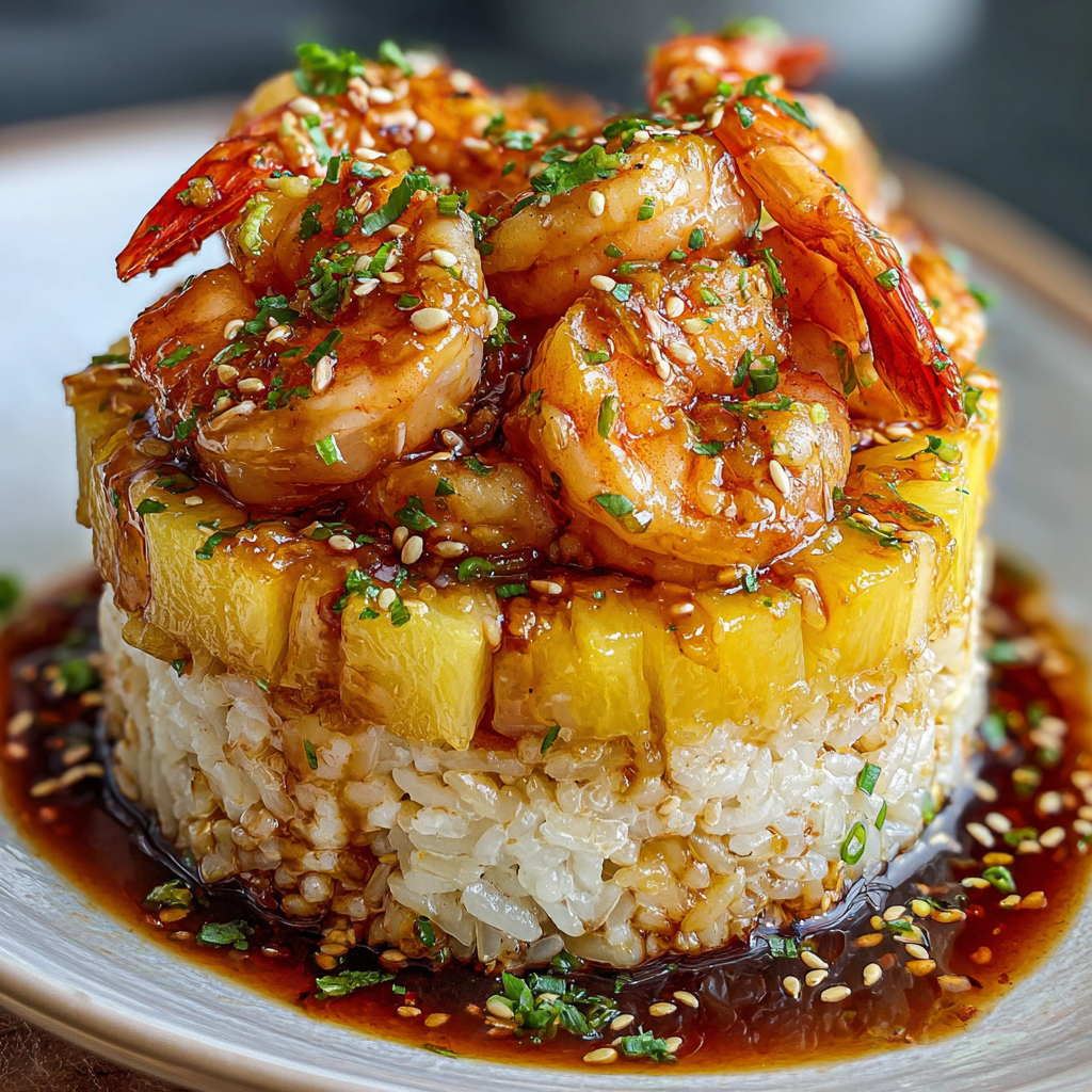 A delicious Teriyaki Shrimp and Pineapple Rice Stack is served on a plate.