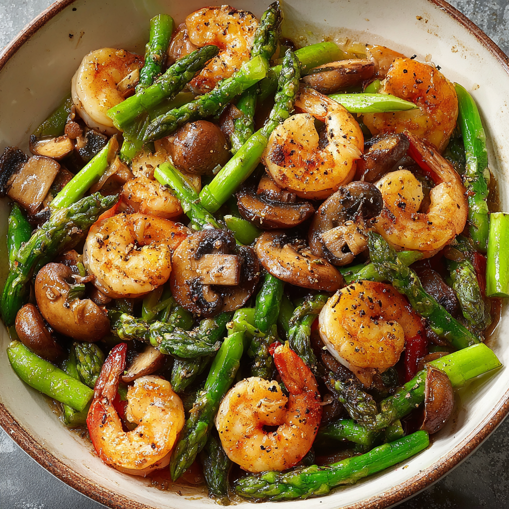 A bowl of shrimp and asparagus stir fry.