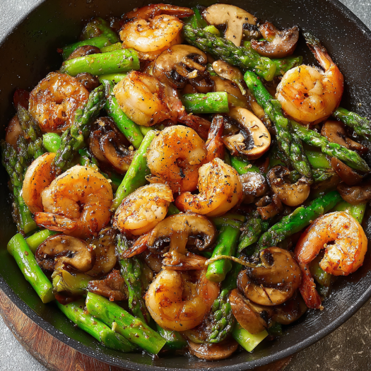 A delicious shrimp and mushroom stir fry in a black pan.