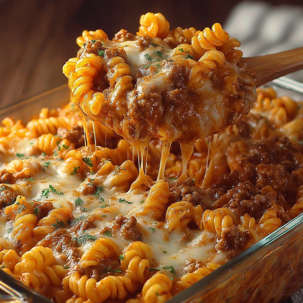 Close-up shot of a golden, gooey cheeseburger casserole fresh out of the oven.