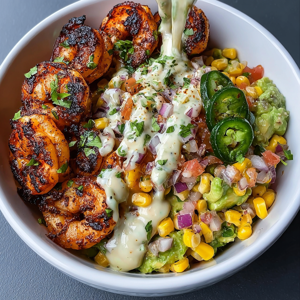 A delicious Grilled Shrimp Bowl with Avocado, Corn Salsa and Creamy Sauce.