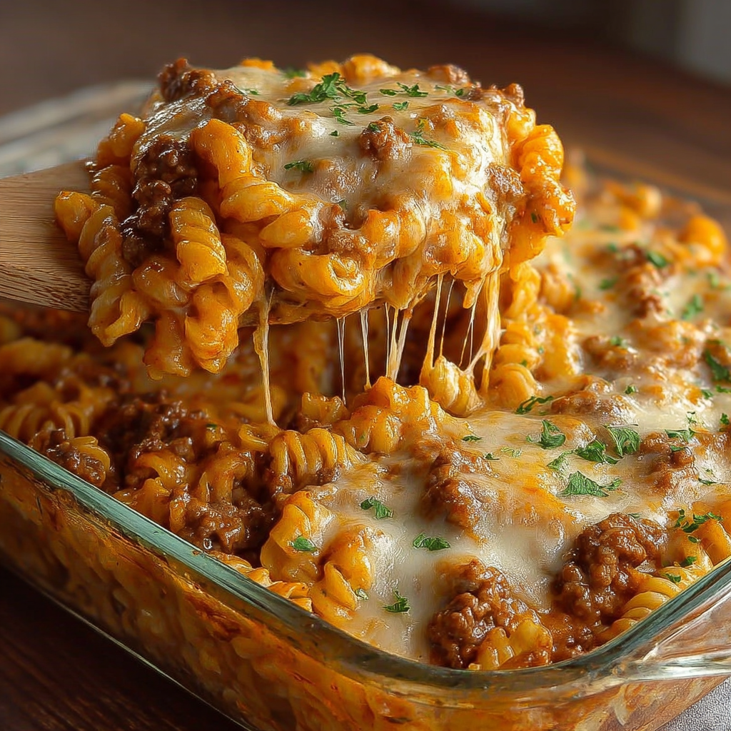 A delicious pasta dish with meat and cheese, served in a glass bowl.