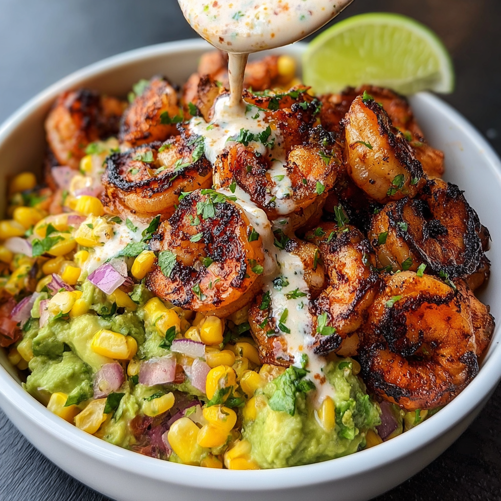 A delicious grilled shrimp bowl with avocado, corn salsa, and creamy sauce.