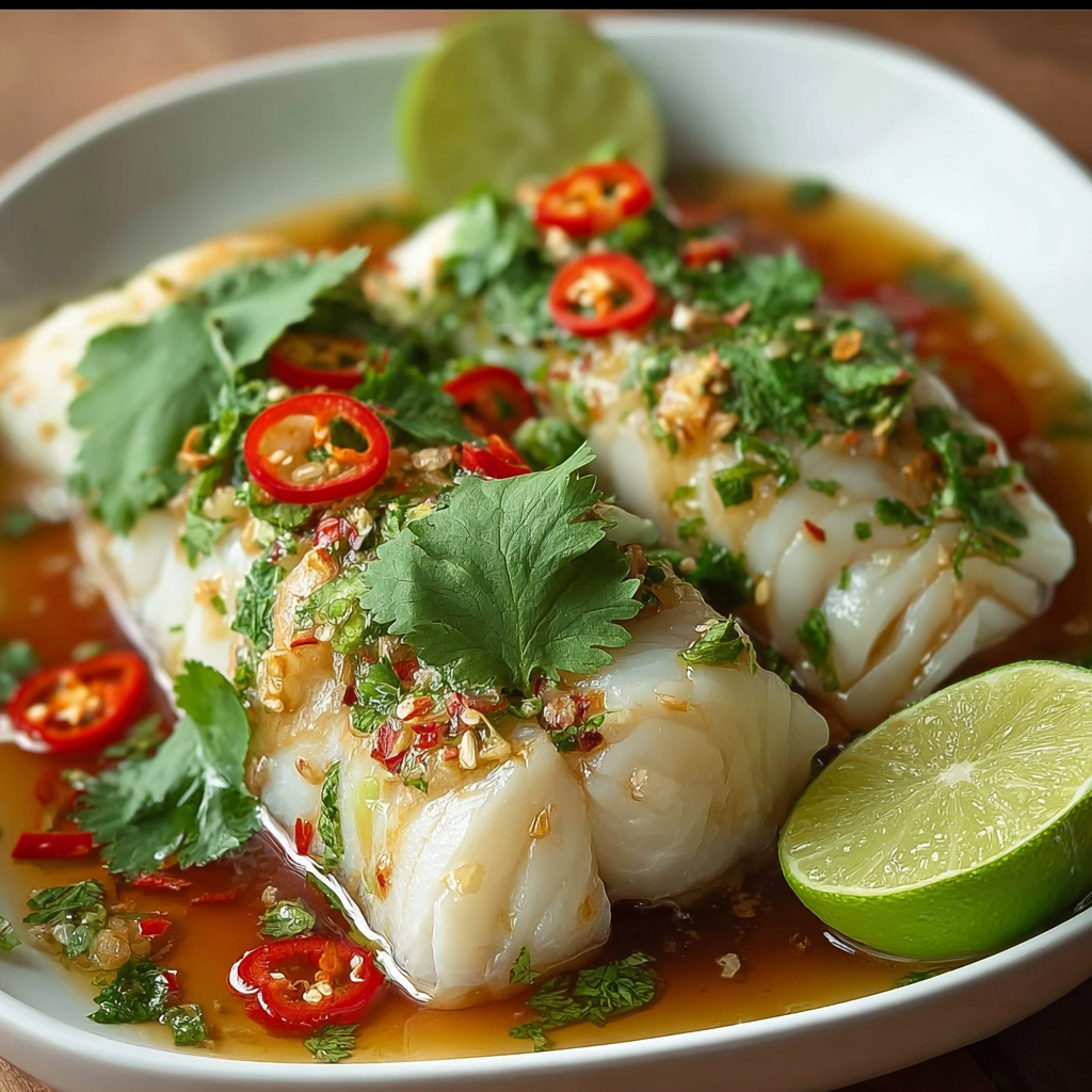 A plate of food with a variety of ingredients, including fish, lime, and peppers, is presented in a bowl. The dish is likely a seafood stir fry with a tangy sauce.
