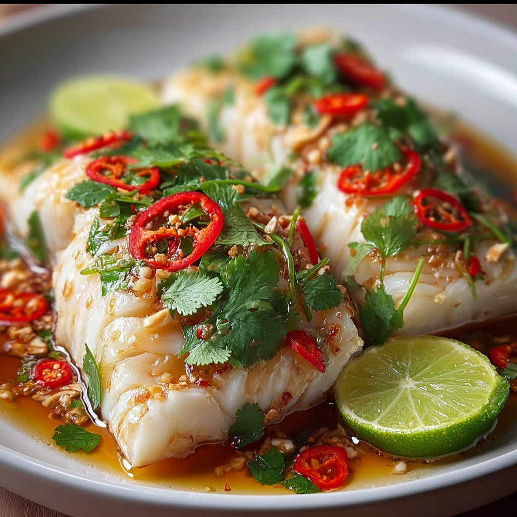 A plate of fish with a spicy sauce, garnished with lime and red peppers.
