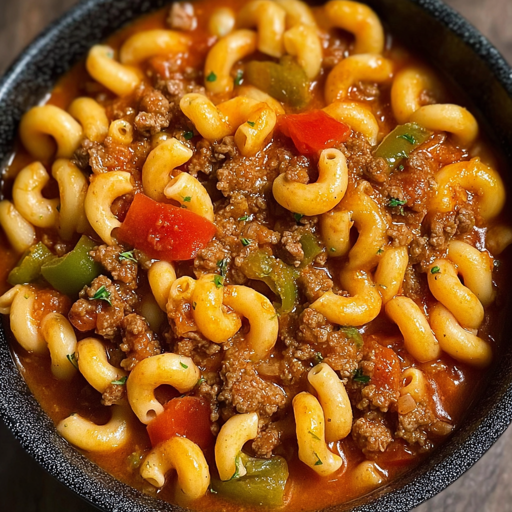 A bowl of Old-Fashioned Goulash filled with pasta, meat, and vegetables.