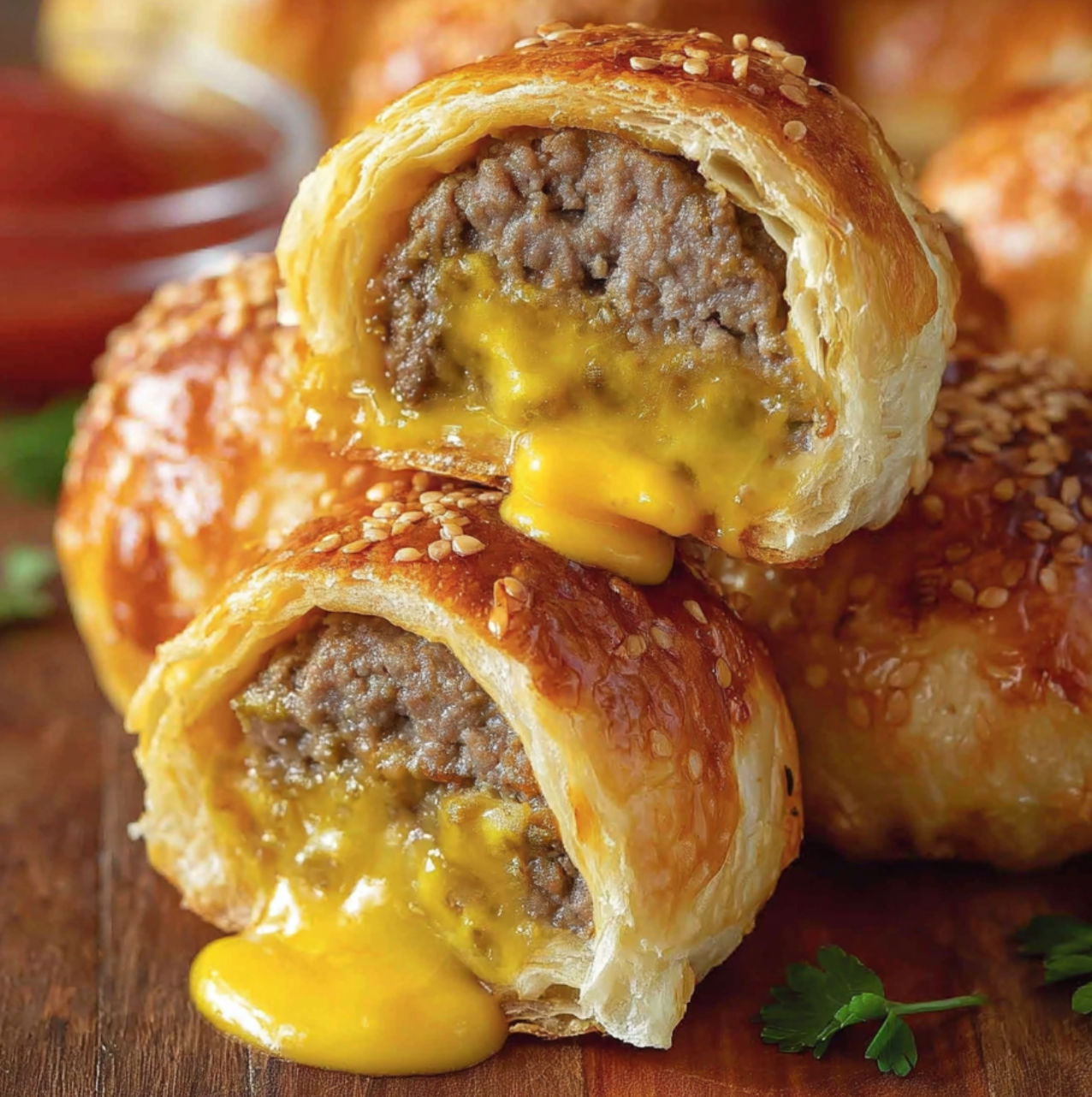 A close up look at a Big Mac Cheeseburger Bomb stuffed with melted cheese and drenched in sauce.