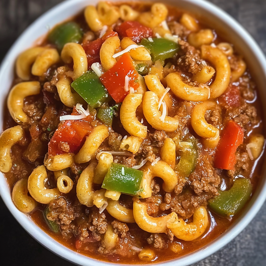A bowl of chili with pasta and vegetables, including tomatoes and peppers.