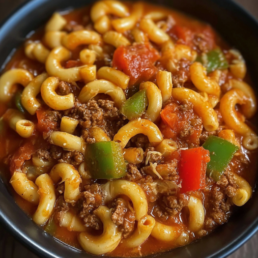 A bowl of pasta with meat sauce and vegetables, including peppers and carrots.