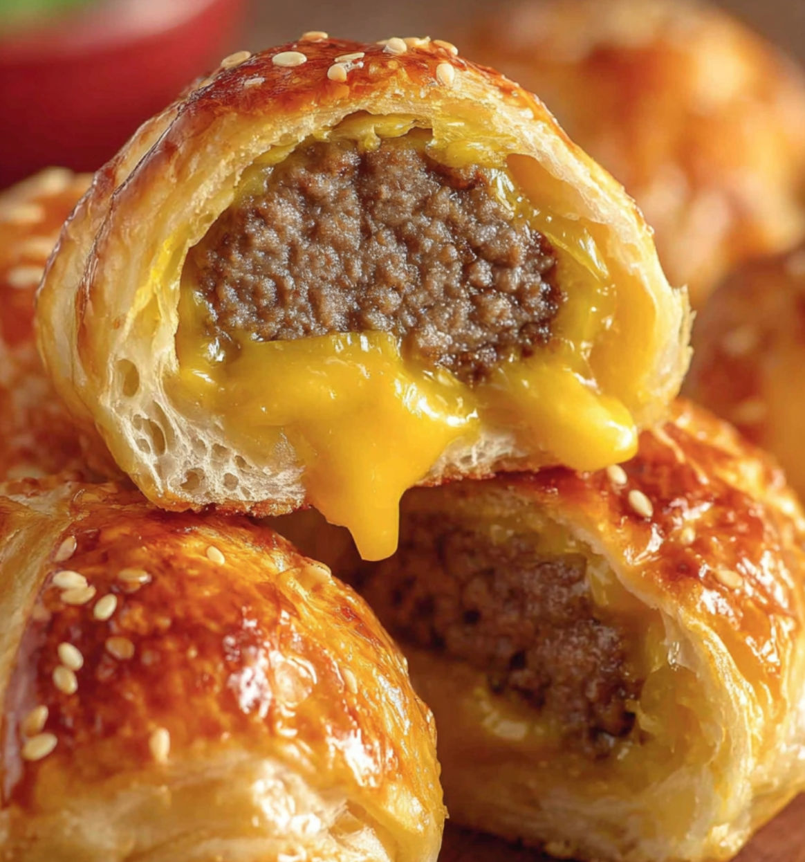 A pastry with meat and cheese filling is being cut open to reveal its delicious contents.