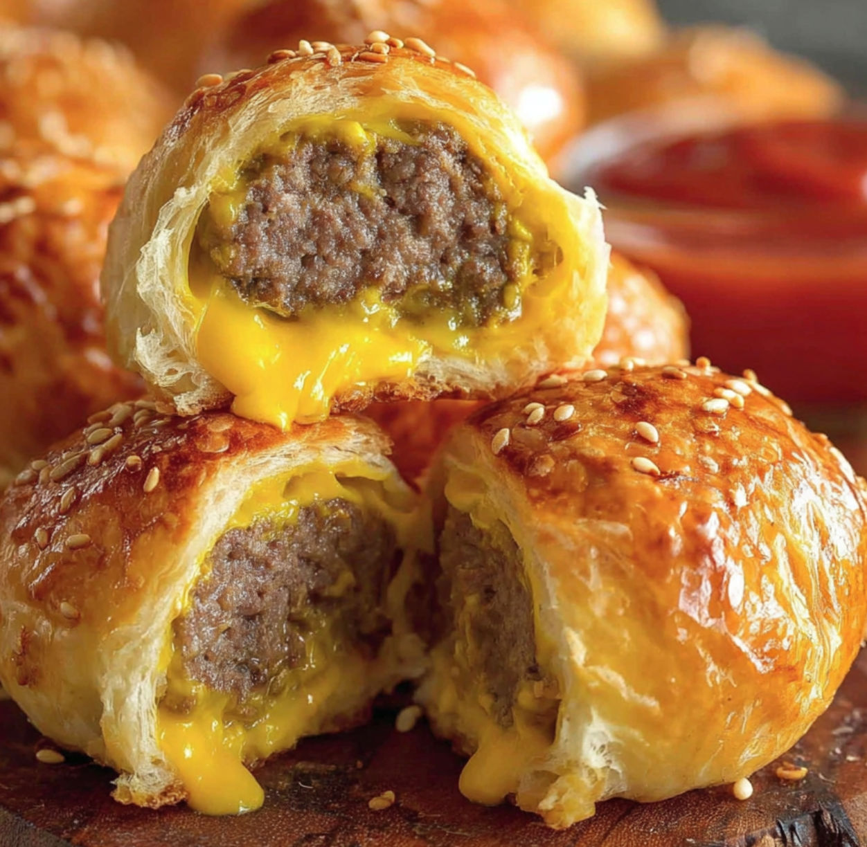 A close up of a pastry filled with meat and cheese, with a side of ketchup.