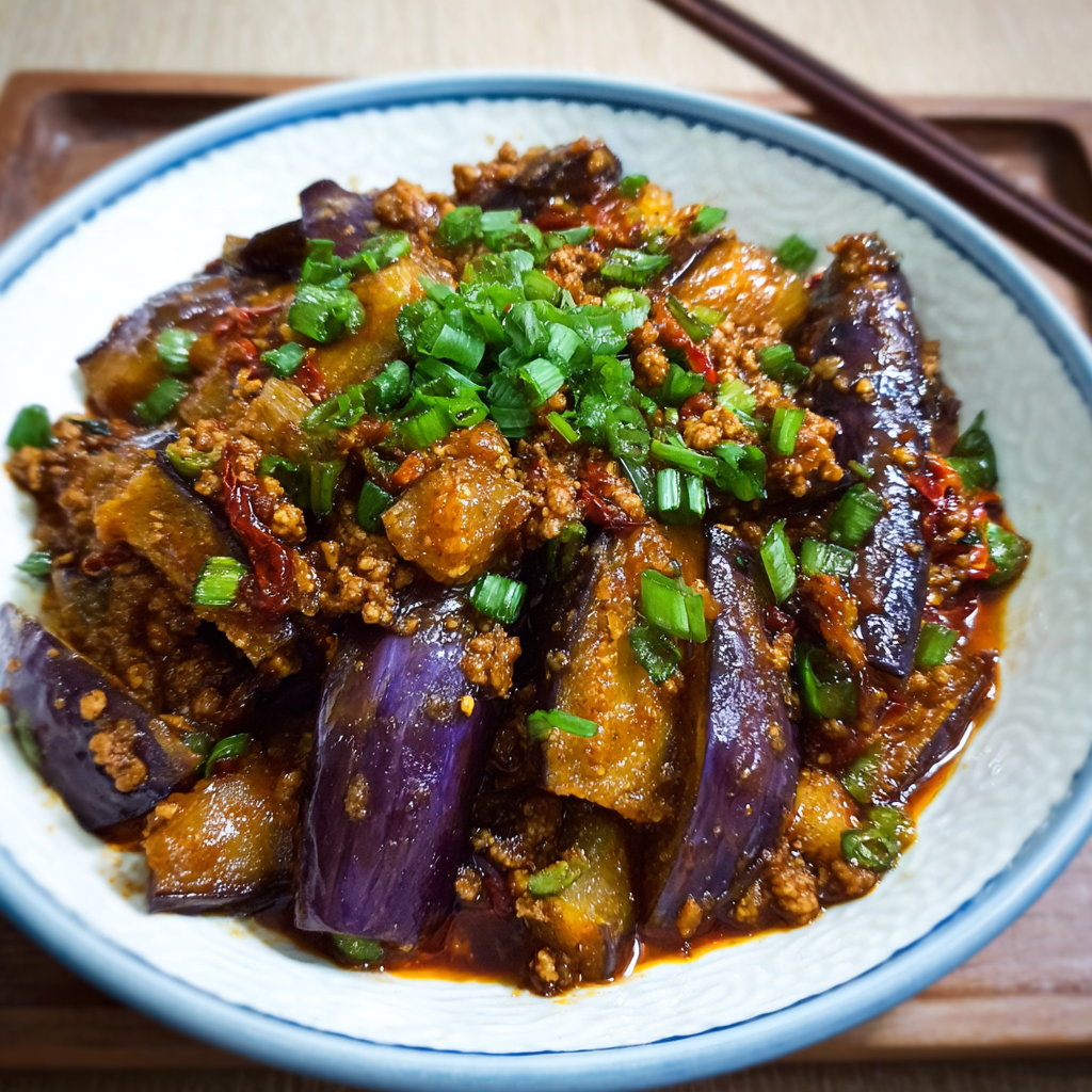 A bowl of stir fry with a variety of vegetables, including purple eggplant and green onions, is served on a wooden tray.
