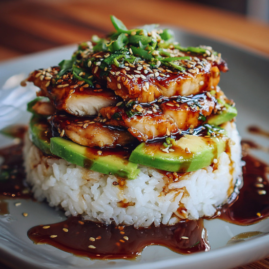 A plate of food with rice and meat, possibly chicken, covered in a brown sauce.