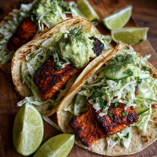 A delicious fish taco with a side of guacamole and lime wedges.