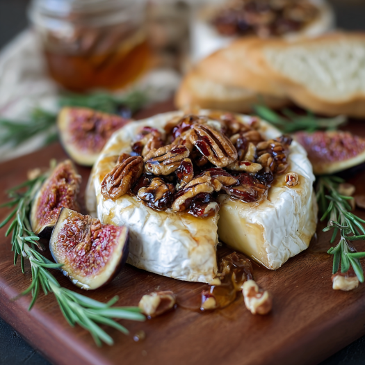 A slice of baked brie with honey and pecans on a wooden cutting board.