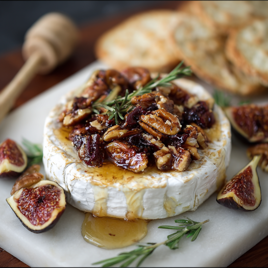 A delicious Honeyed Fig and Pecan Baked Brie is served on a wooden table with a wooden spoon and a knife.