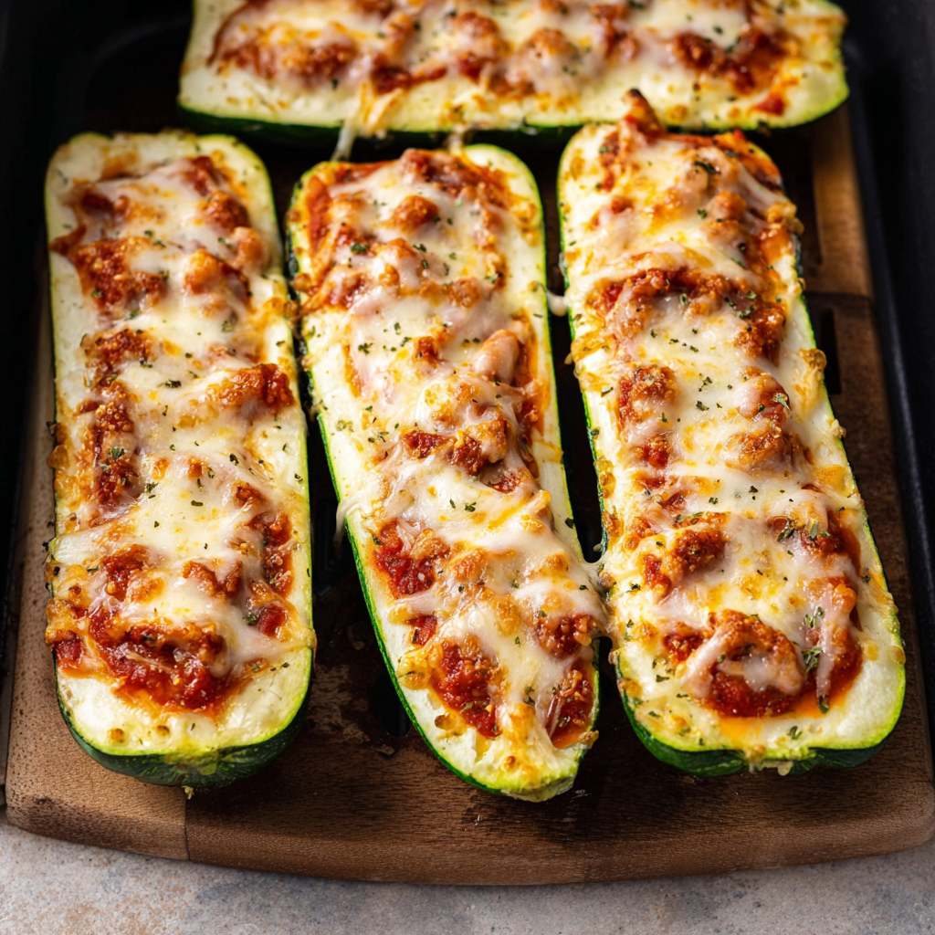A delicious homemade pizza made with zucchini boats and cheese.