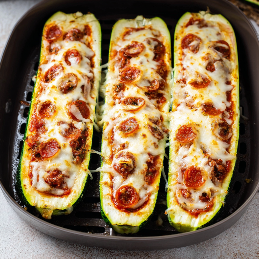 A pan of zucchini boats filled with cheese and tomato sauce.