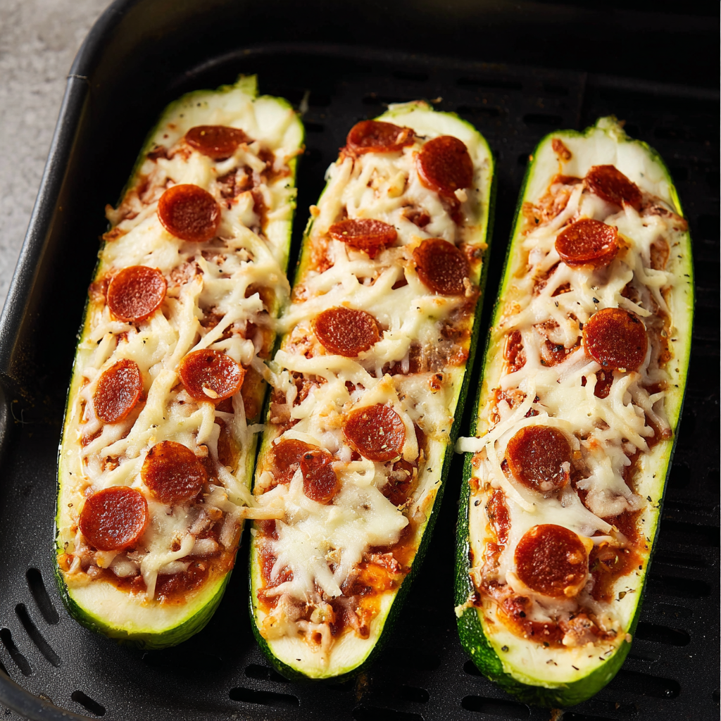 Two slices of pepperoni and cheese stuffed zucchini on a grill.