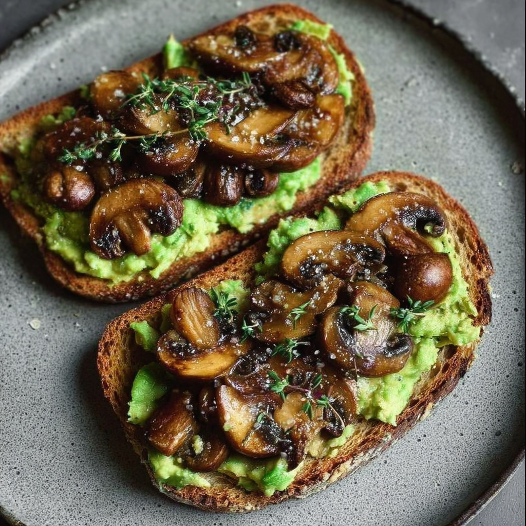 Two pieces of toast with mushrooms, garlic, and avocado on top.