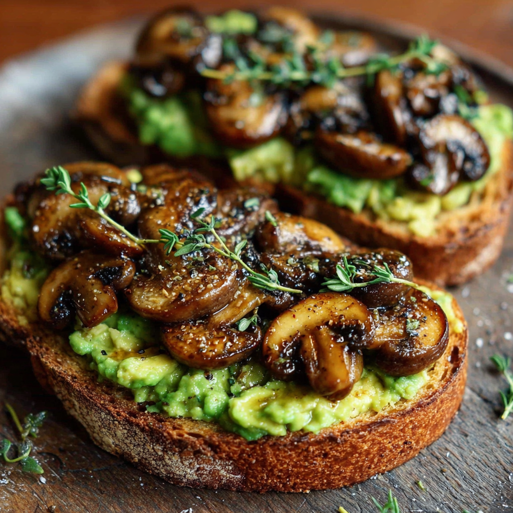 Two slices of bread with mushrooms and avocado on top, served on a wooden cutting board.