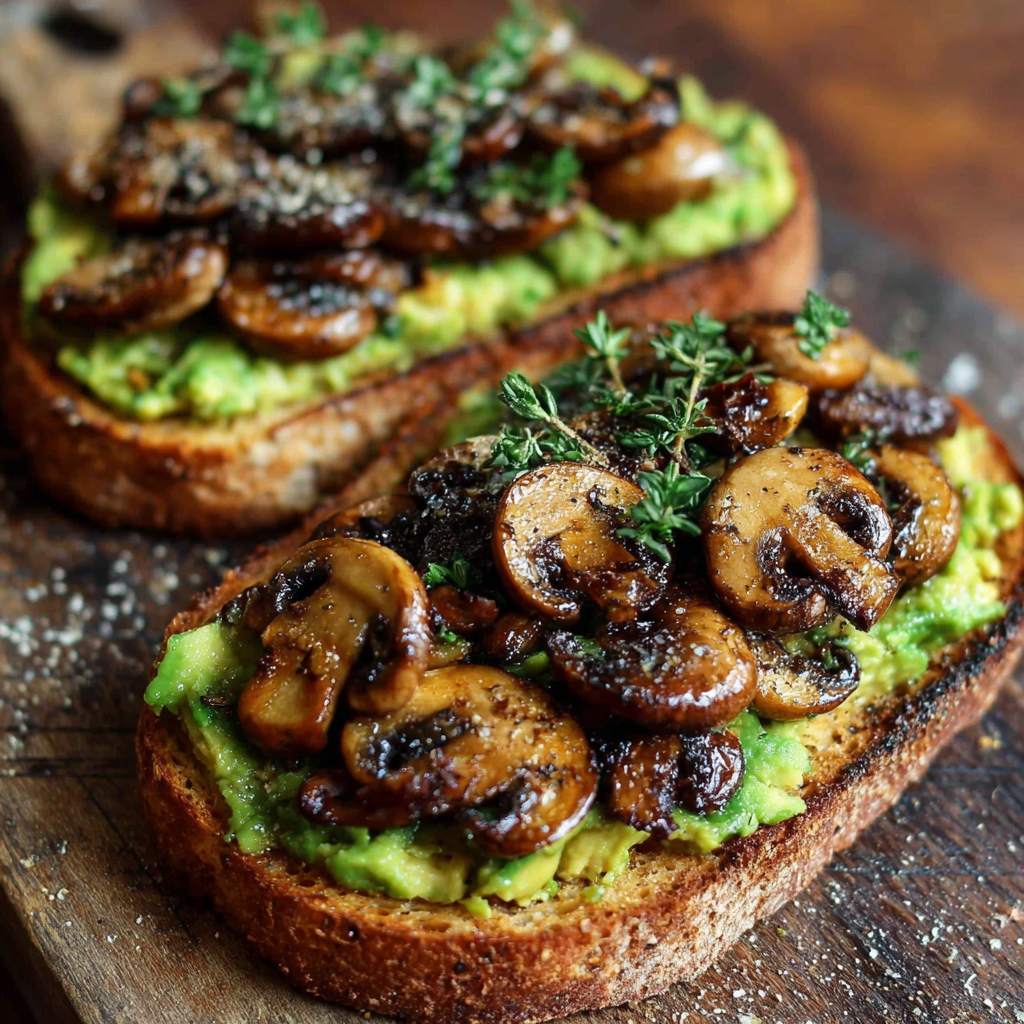 A slice of toast with mushrooms and avocado on top.