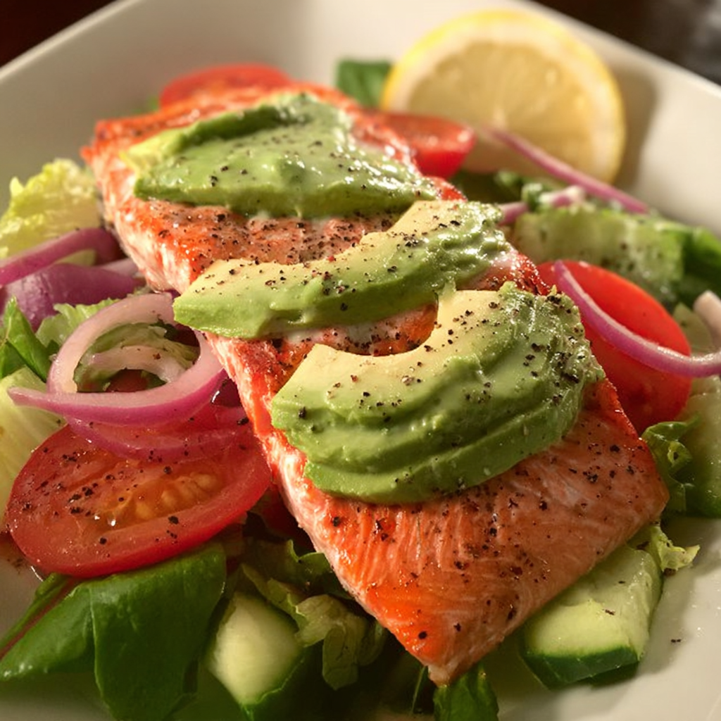 A delicious salmon avocado salad with a variety of fresh vegetables and a tangy dressing.