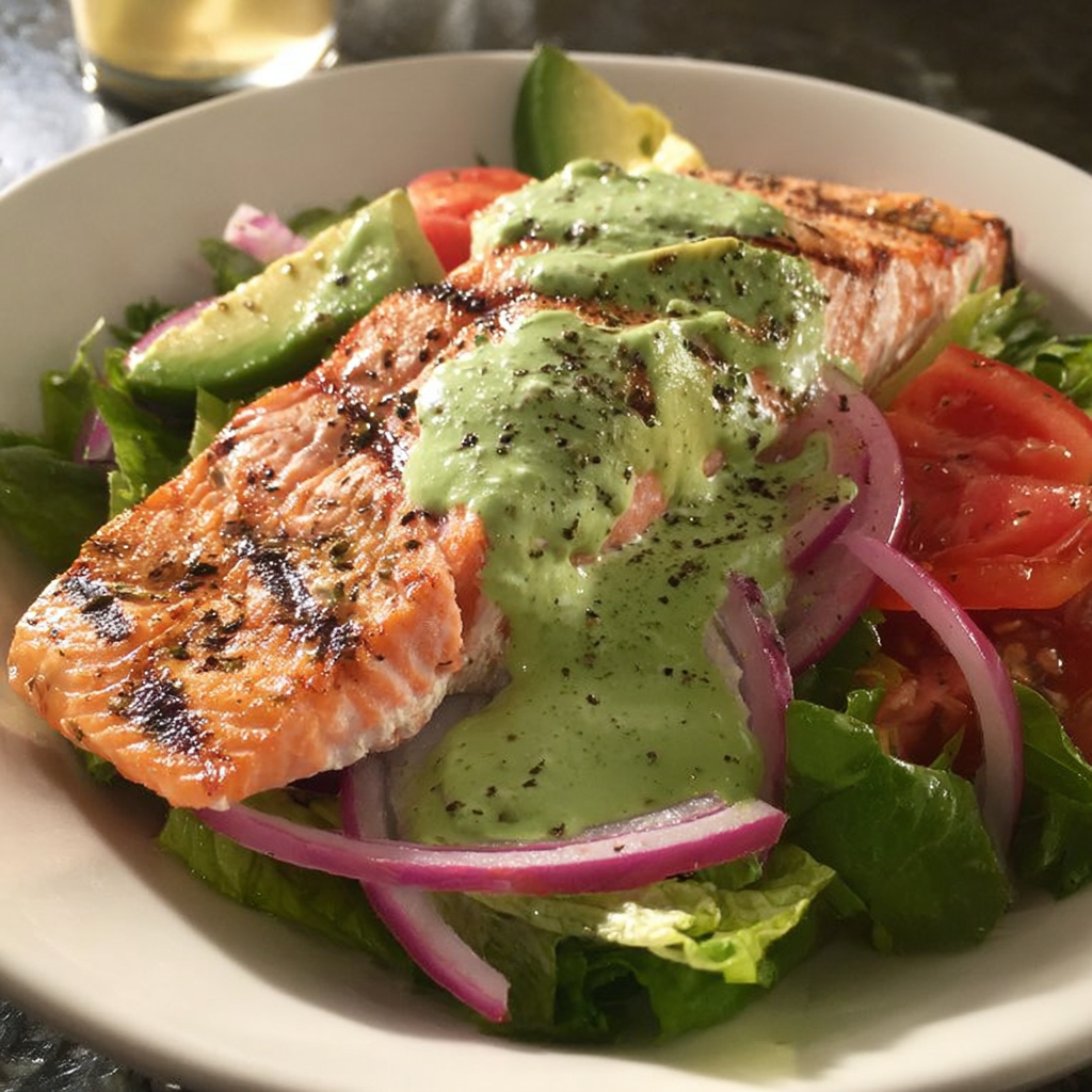 A white bowl filled with a salad containing fish, tomatoes, onions, and avocado.