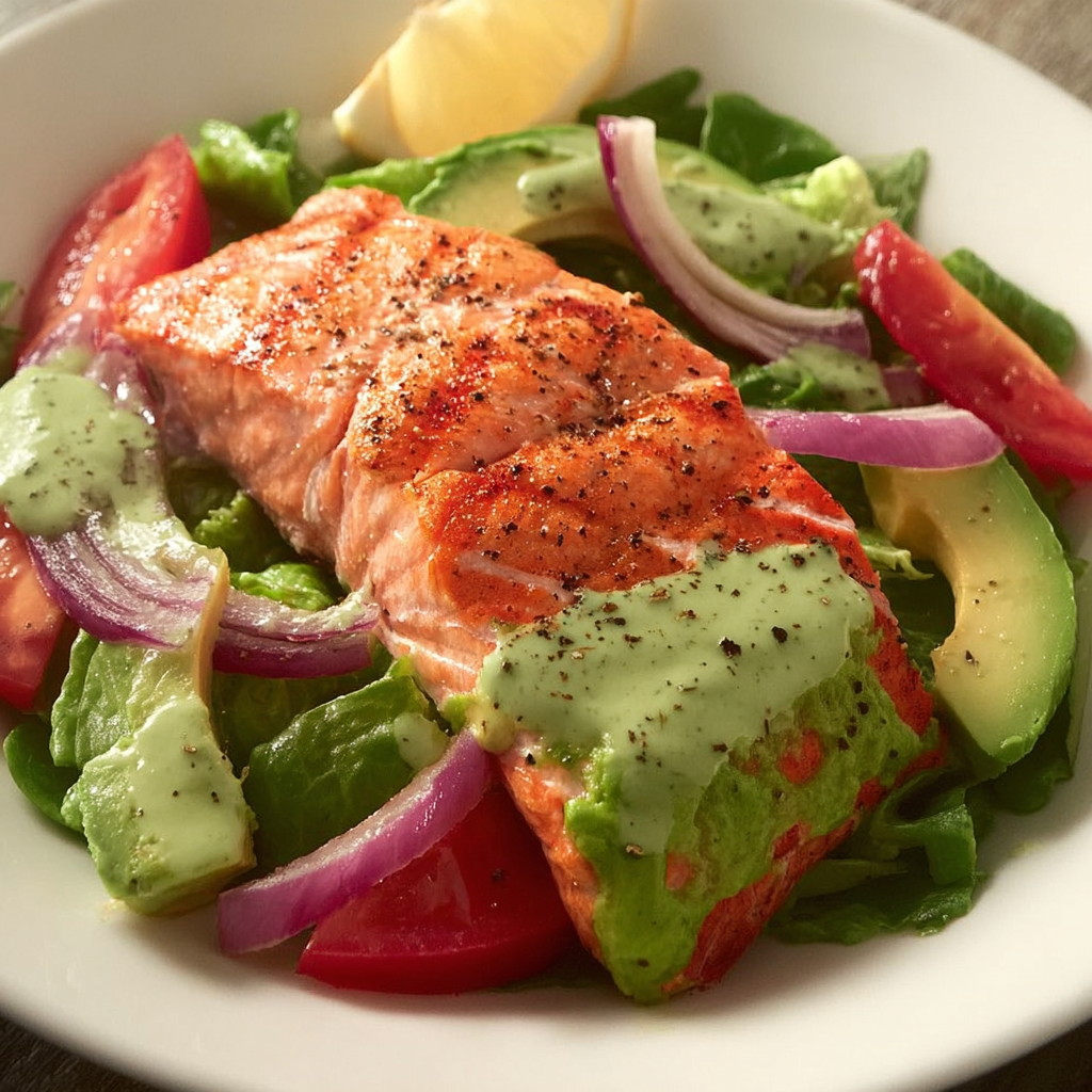 A plate of food with a salad and a piece of fish.